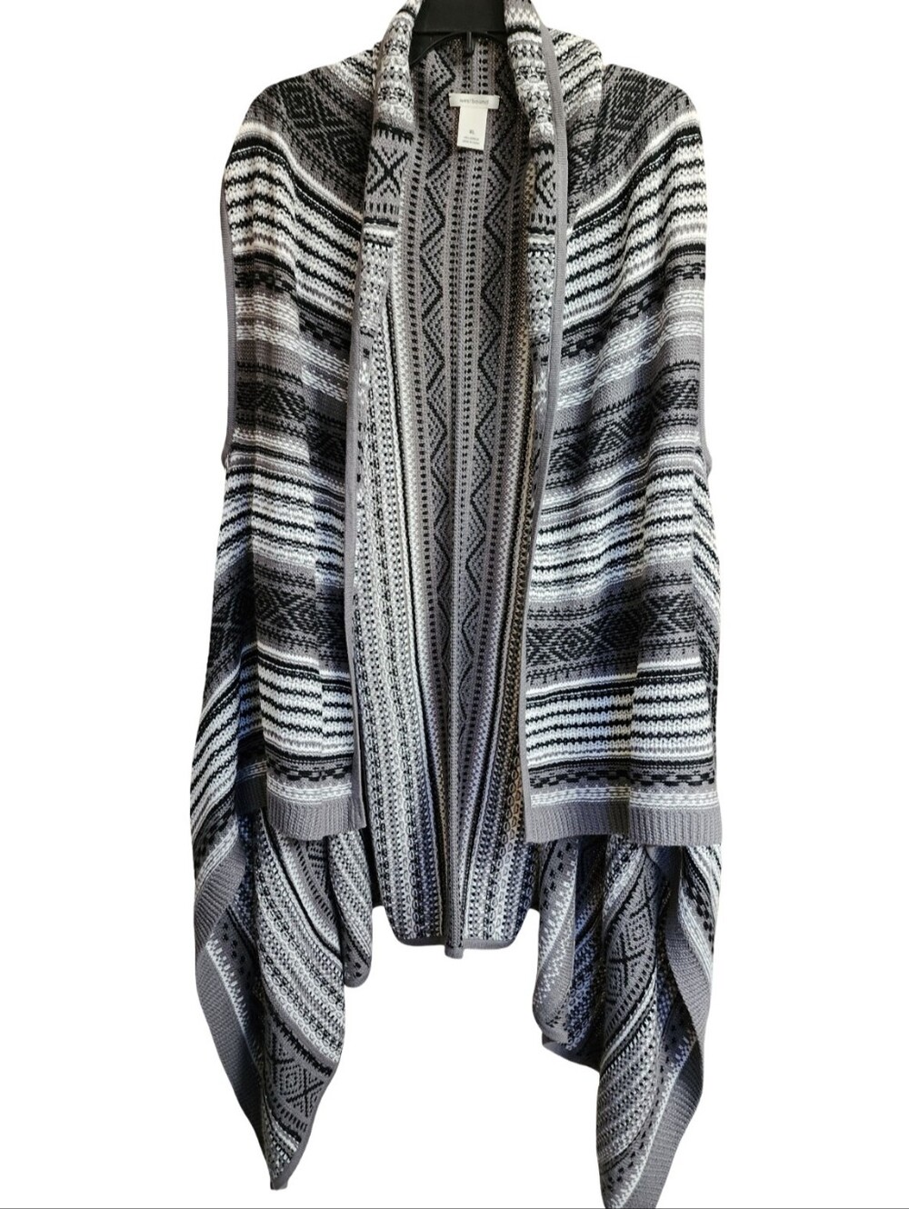 WESTBOUND Black White Boho Geometric Knit Cardigan Vest XL Waterfall Draped